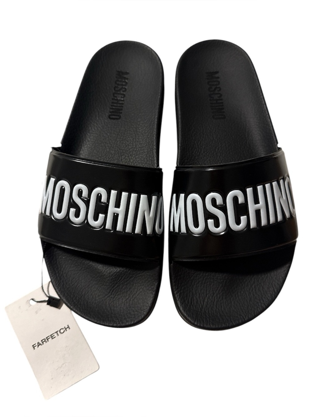 Moschino-Mule PVC Logo Pool Slides in Black